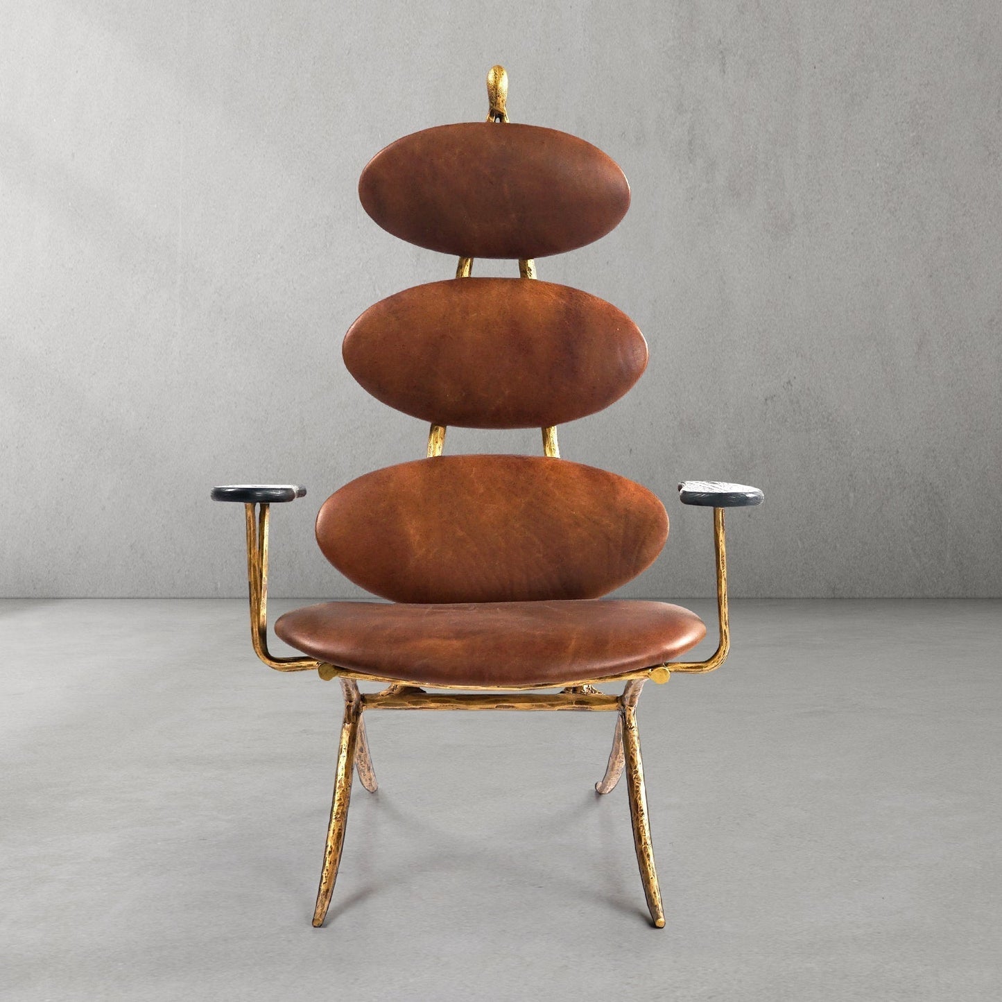 Hand-Forged Metal High Back Brown Leather Lounge Accent Chair