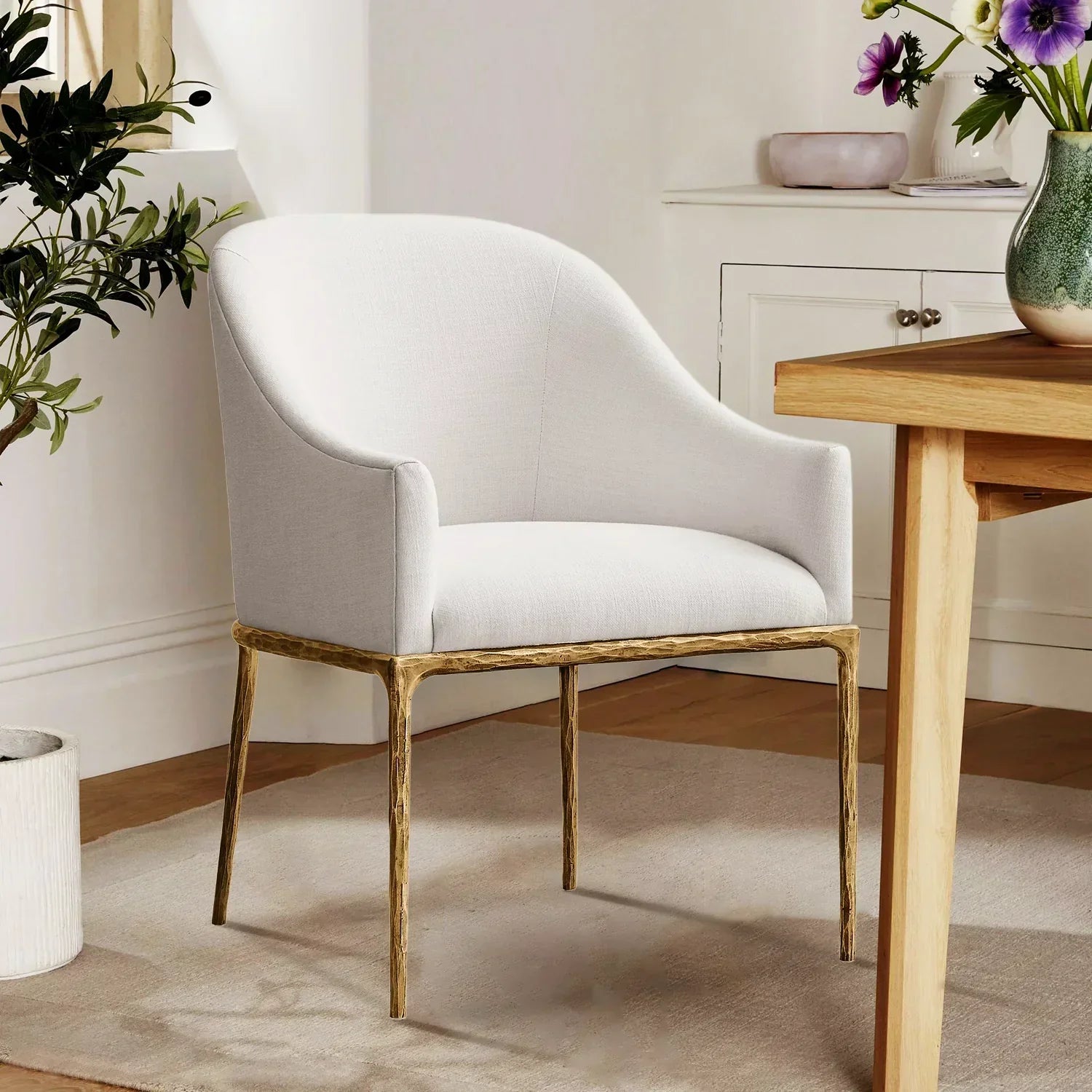 Hand Forged Metal Slope Fabric Dining Armchair