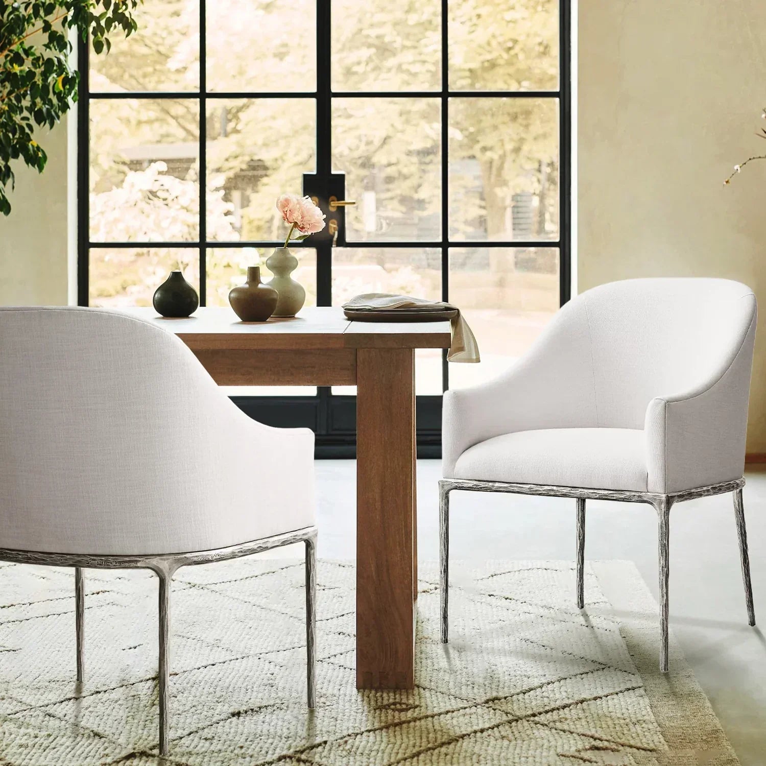 Hand Forged Metal Slope Fabric Dining Armchair