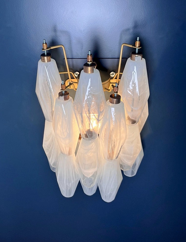 Murano-Style Wall Lamp | 17 White Alabaster Poliedri Glass | Set of 2