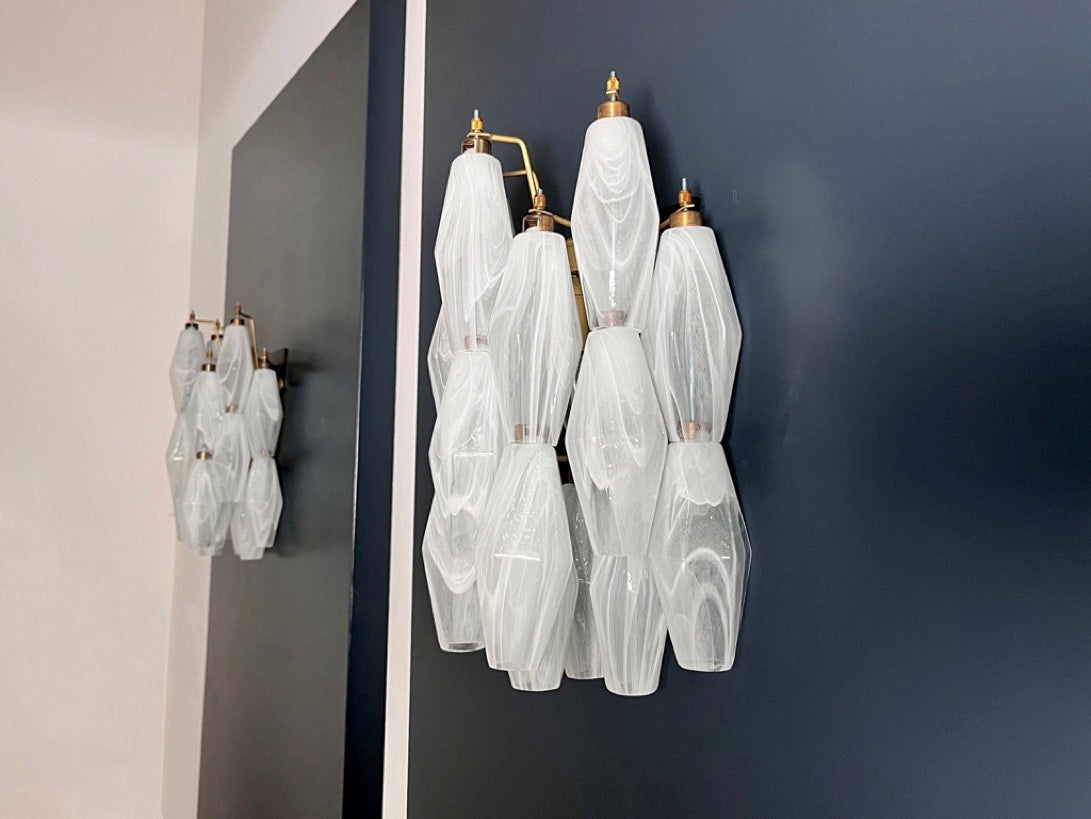 Murano-Style Wall Lamp | 17 White Alabaster Poliedri Glass | Set of 2