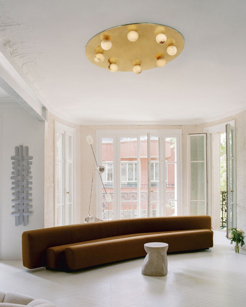 Alabaster Globes LED Disc Pendant Light in Lacquered Brass/Black Stainless Frame