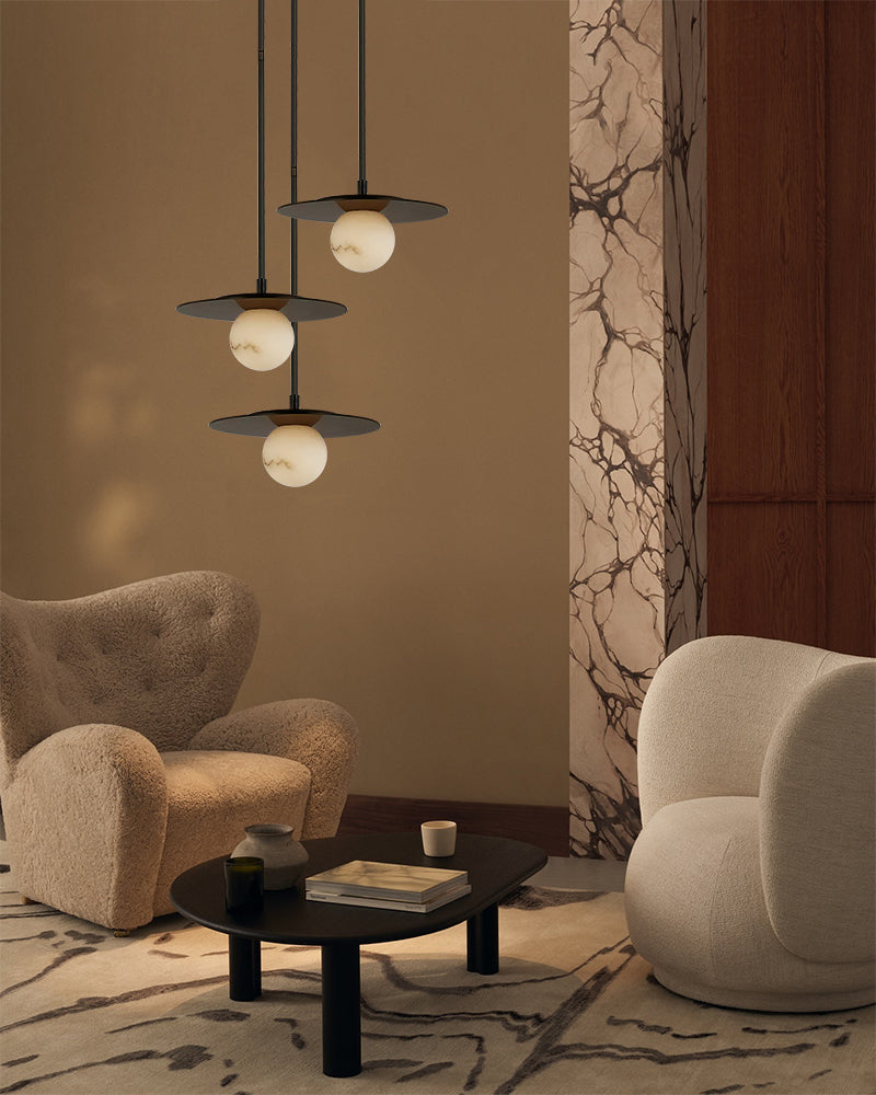 Alabaster Globes LED Disc Pendant Light in Lacquered Brass/Black Stainless Frame