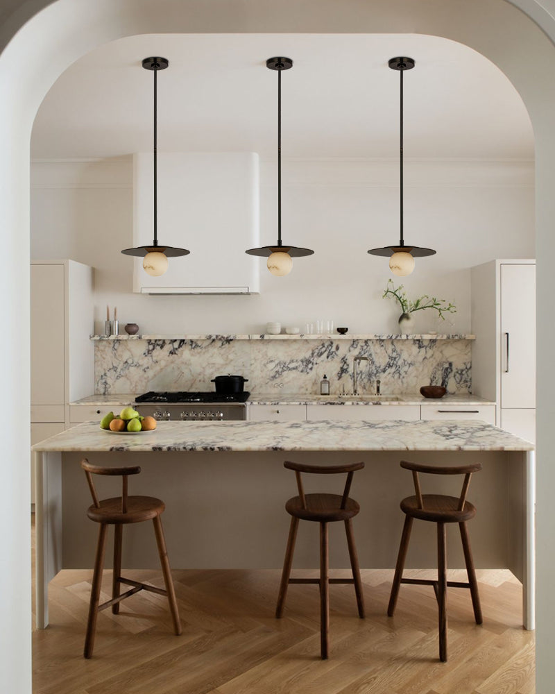 Alabaster Globes LED Disc Pendant Light in Lacquered Brass/Black Stainless Frame