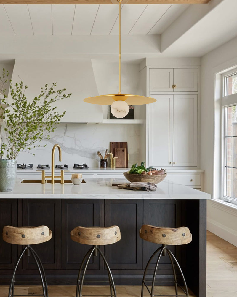 Alabaster Globes LED Disc Pendant Light in Lacquered Brass/Black Stainless Frame