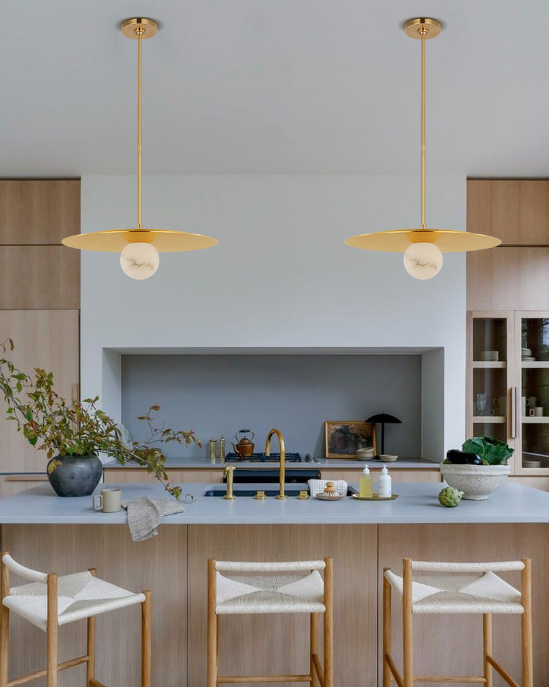 Alabaster Globes LED Disc Pendant Light in Lacquered Brass/Black Stainless Frame
