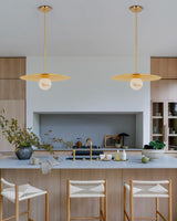 Alabaster Globes LED Disc Pendant Light in Lacquered Brass/Black Stainless Frame