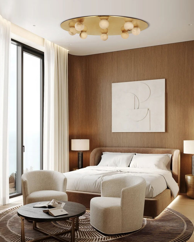 Alabaster Globes LED Disc Pendant Light in Lacquered Brass/Black Stainless Frame