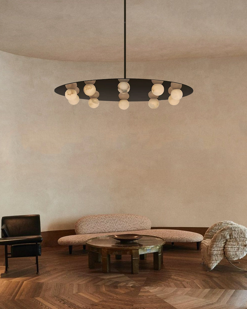 Alabaster Globes LED Disc Pendant Light in Lacquered Brass/Black Stainless Frame