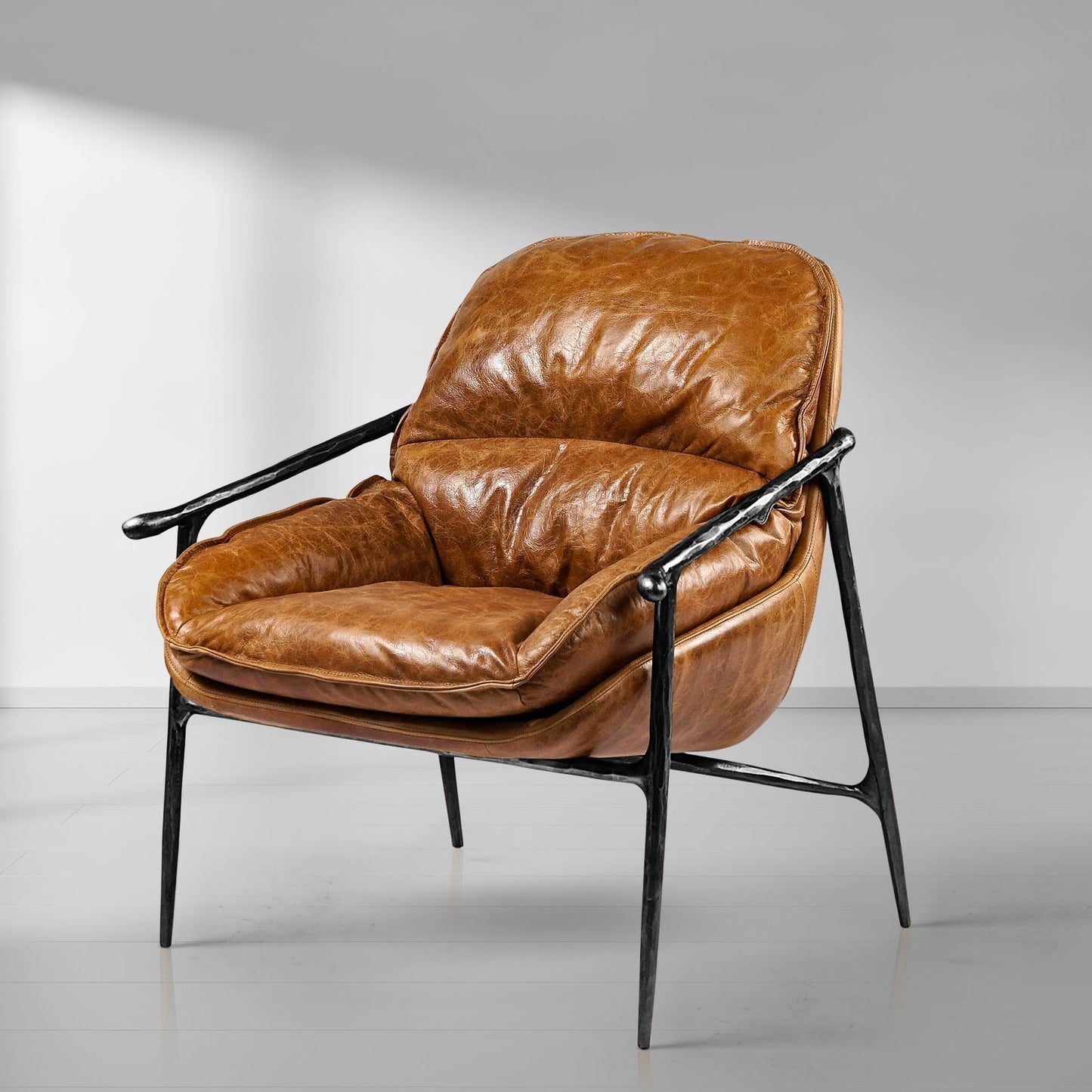 Hand-Forged Metal Brown Leather Accent Chairs