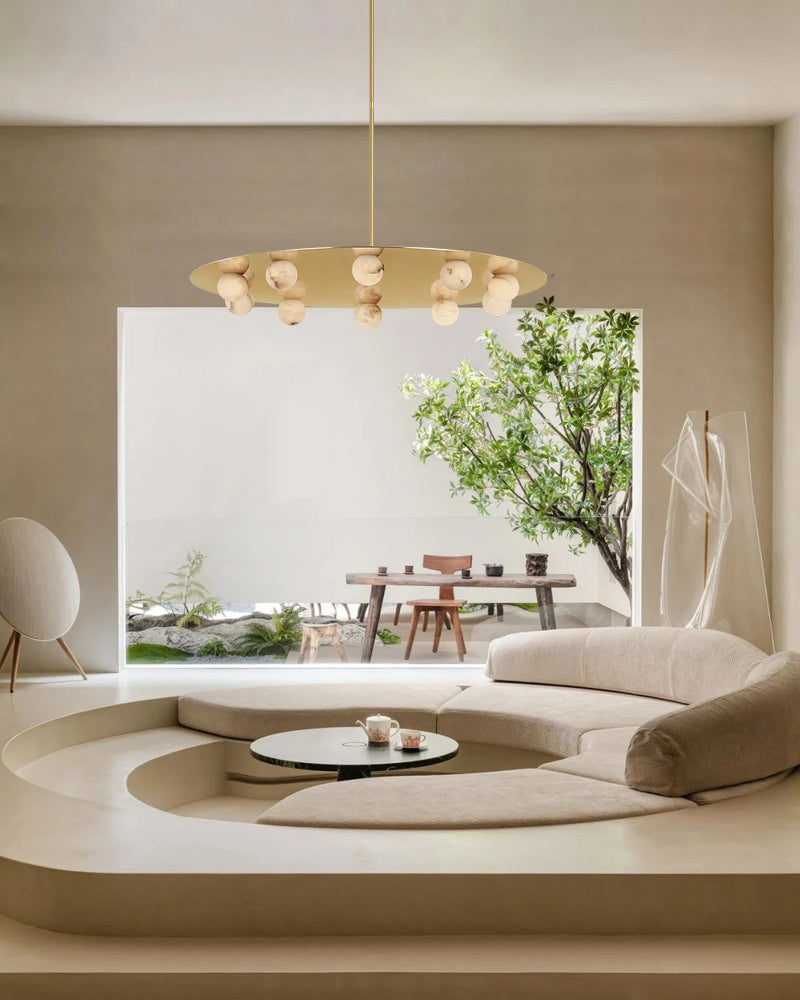 Alabaster Globes LED Disc Pendant Light in Lacquered Brass/Black Stainless Frame