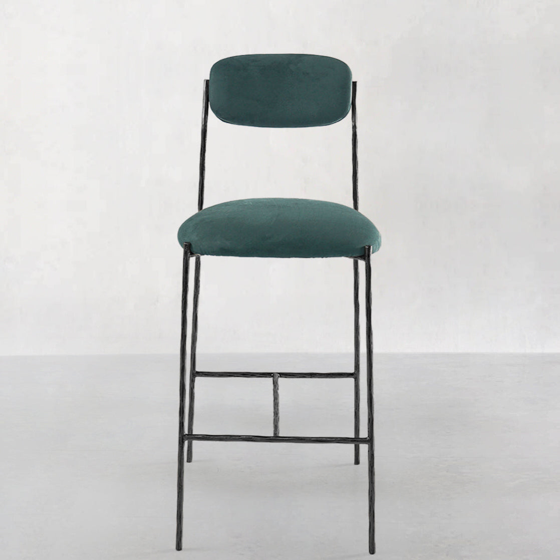 Hand Forged Metal Green Fabric Bar Stool