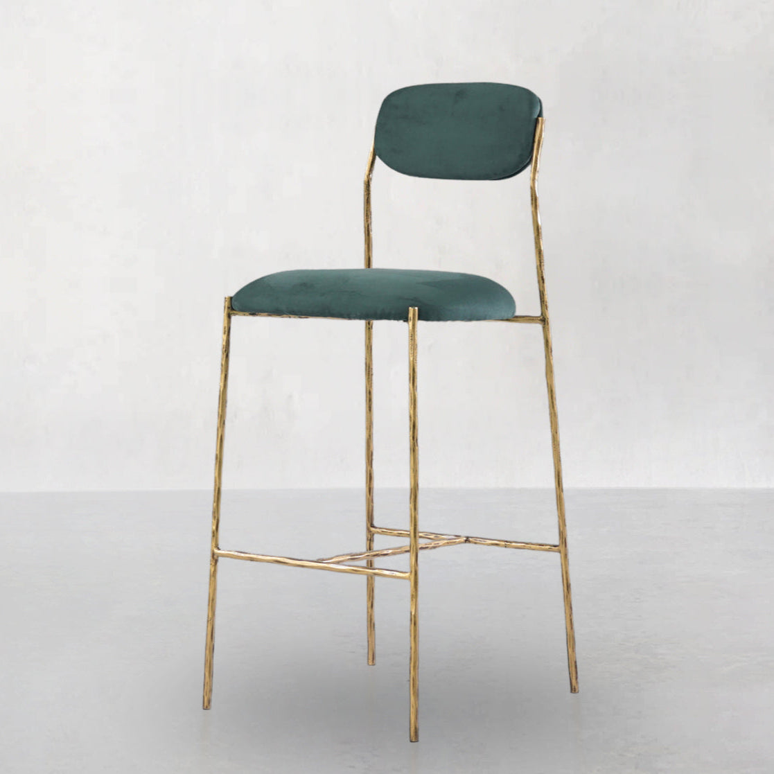 Hand Forged Metal Green Fabric Bar Stool
