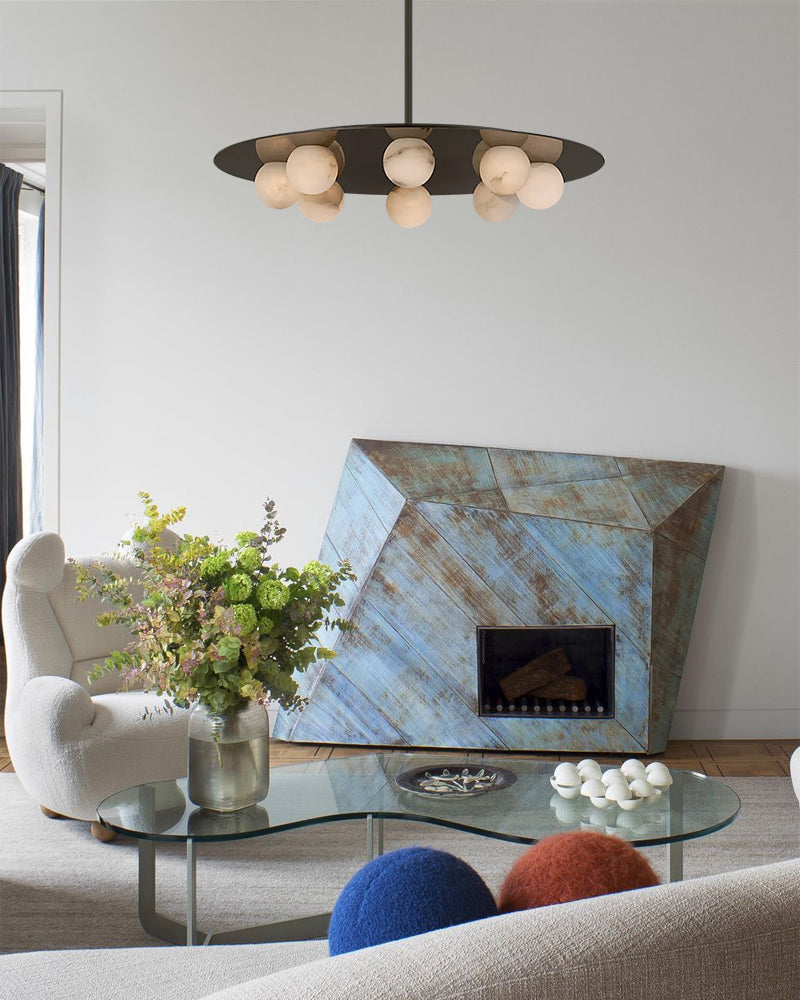 Alabaster Globes LED Disc Pendant Light in Lacquered Brass/Black Stainless Frame