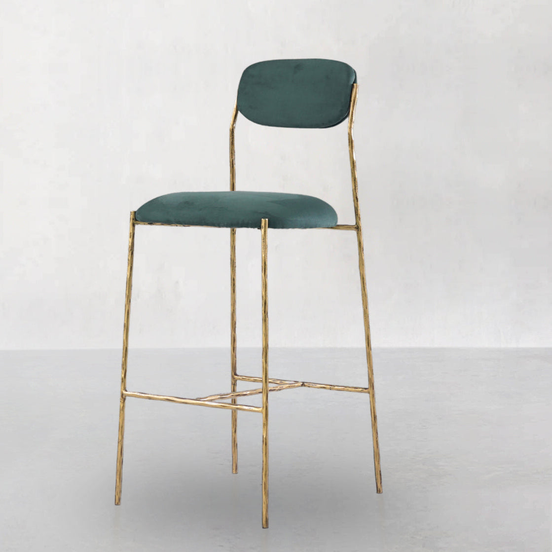 Hand Forged Metal Green Fabric Bar Stool