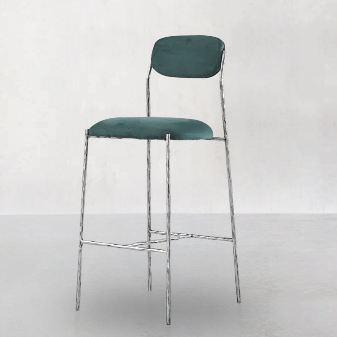 Hand Forged Metal Green Fabric Bar Stool
