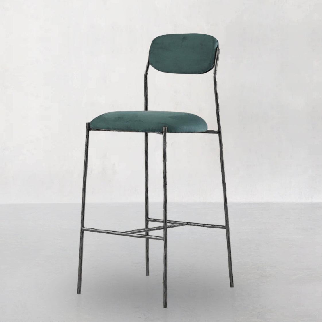 Hand Forged Metal Green Fabric Bar Stool