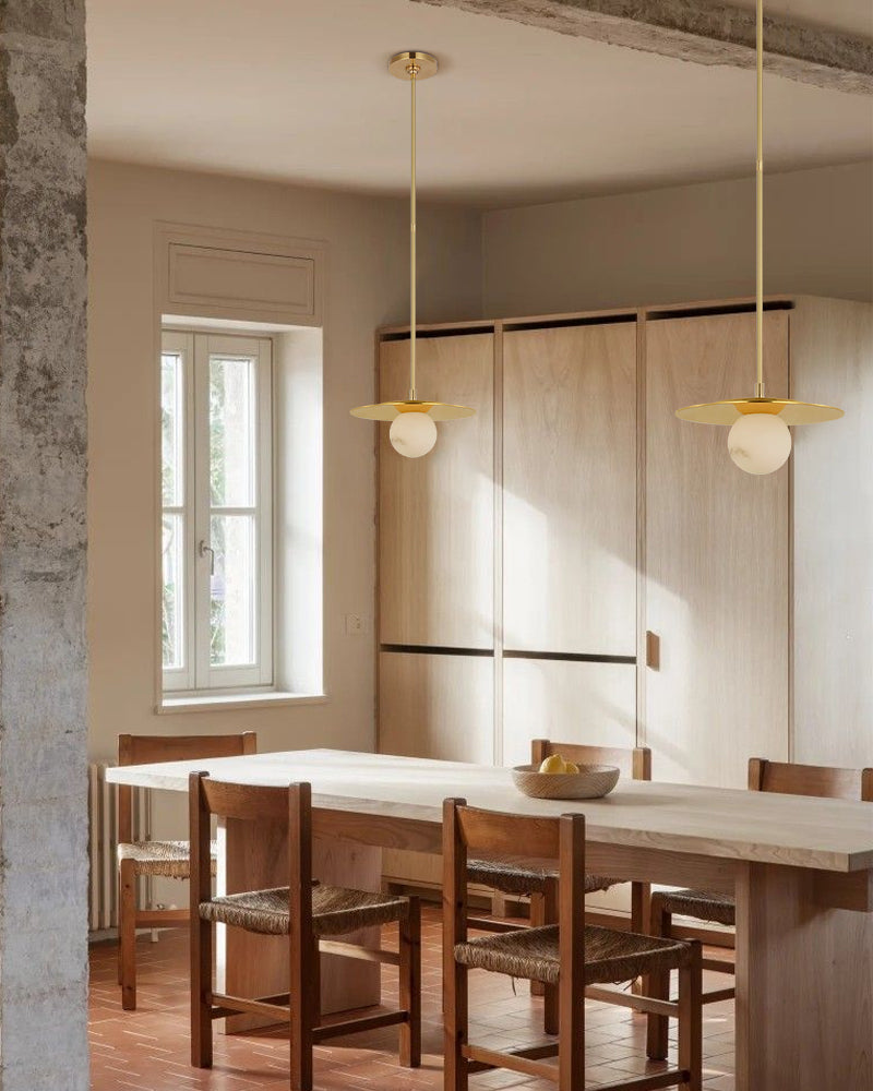Alabaster Globes LED Disc Pendant Light in Lacquered Brass/Black Stainless Frame