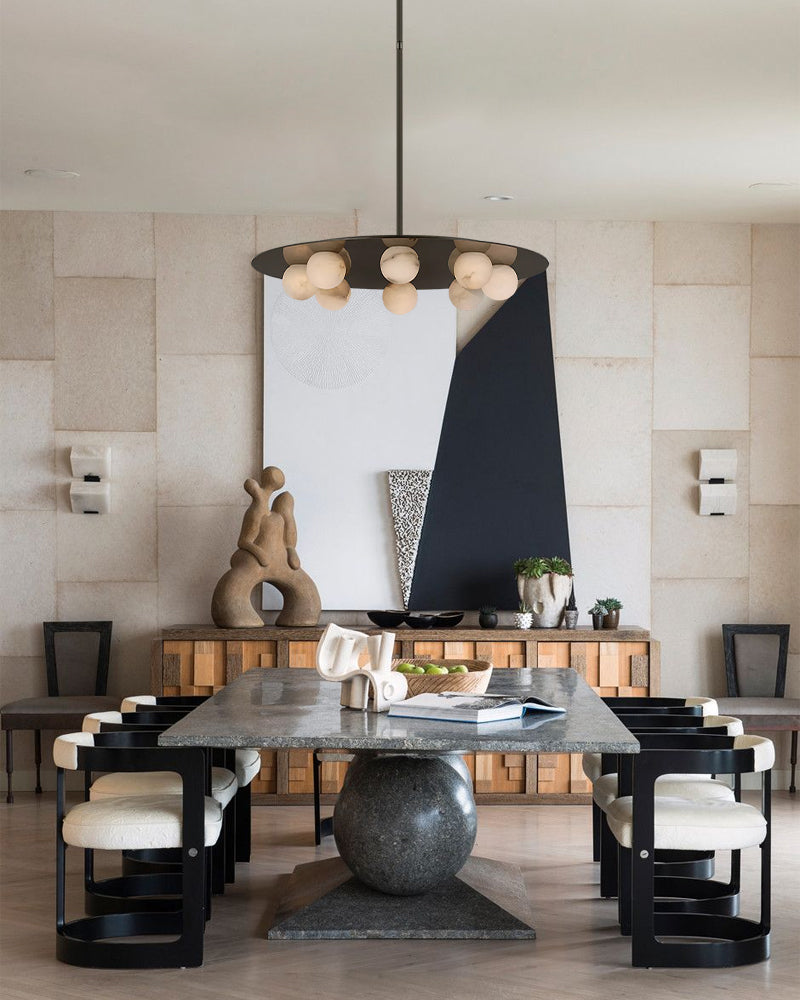 Alabaster Globes LED Disc Pendant Light in Lacquered Brass/Black Stainless Frame