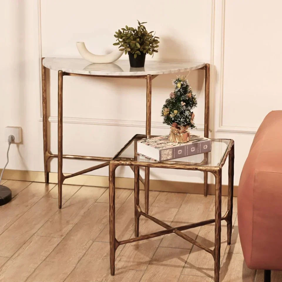 Hand Forged Metal Semi-Circle Marble Console Table