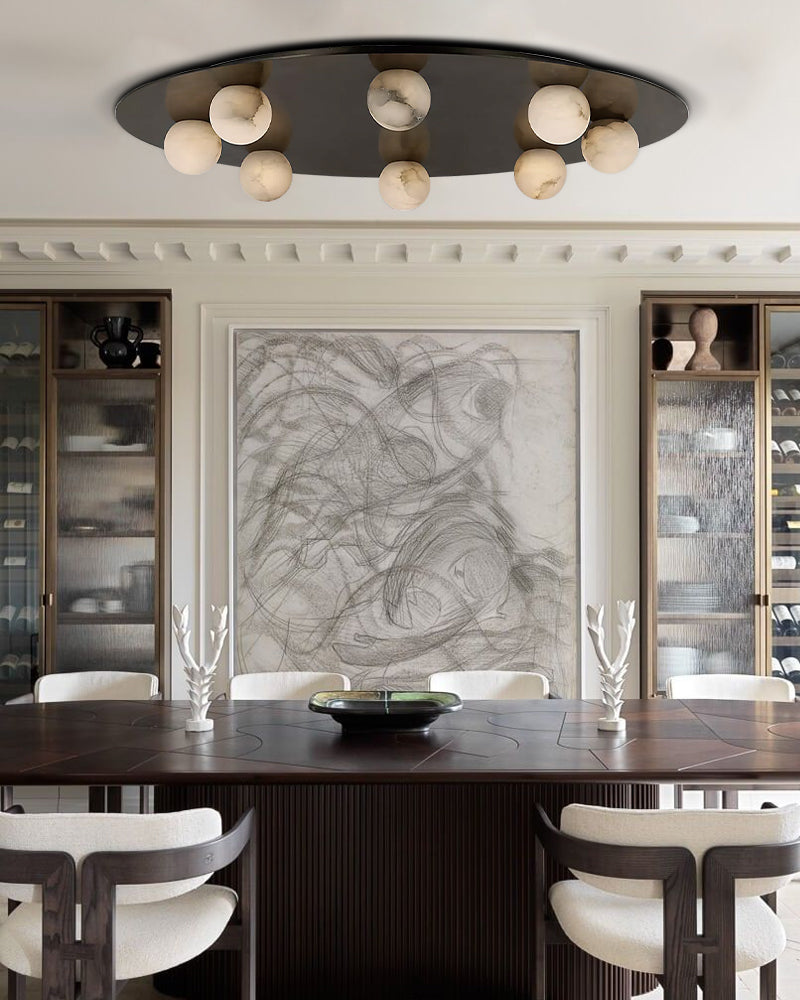Alabaster Globes LED Disc Pendant Light in Lacquered Brass/Black Stainless Frame
