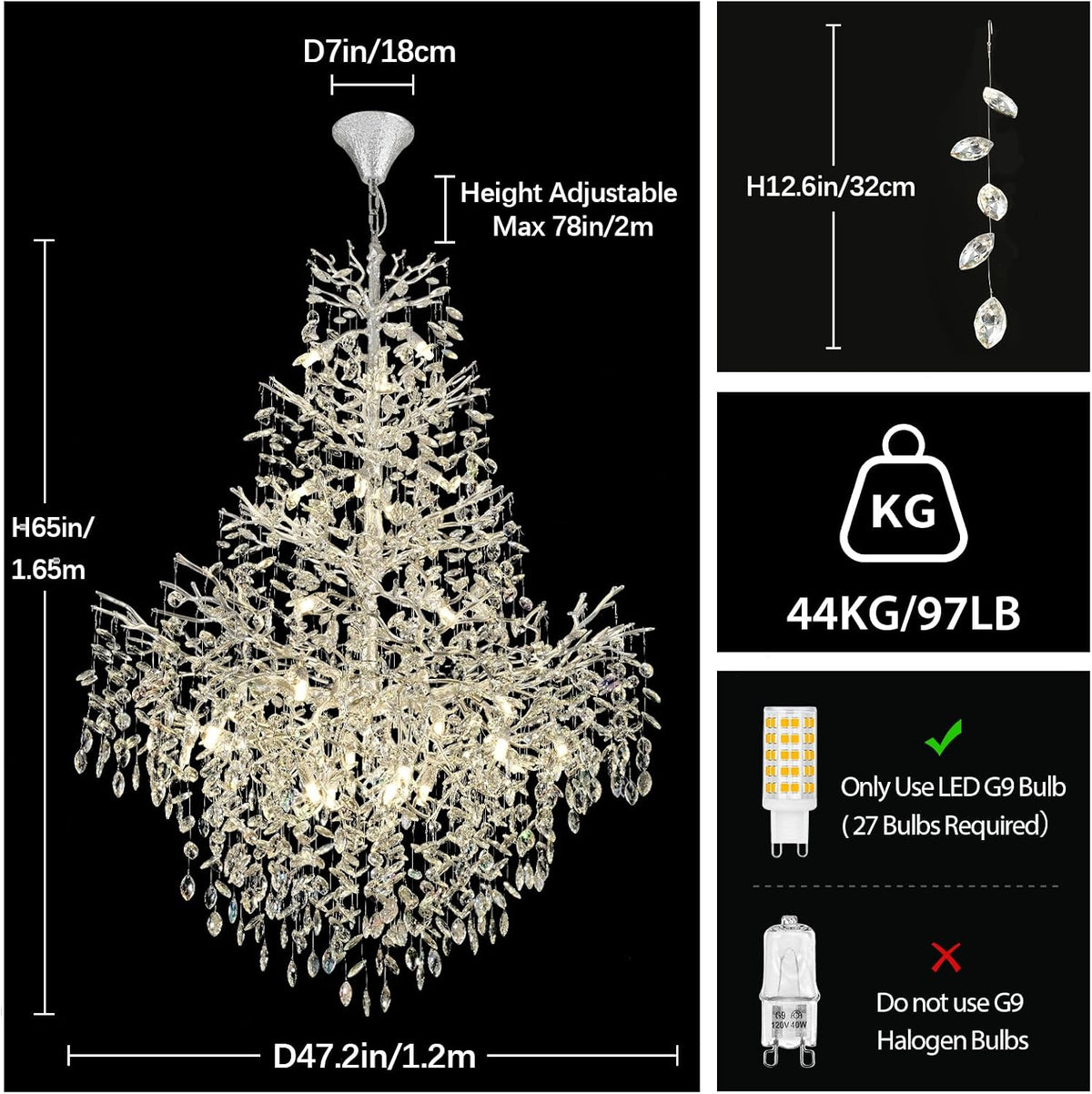 $5000+ Purchase Gift | H65" Silver Tree Branch Crystal High Ceilings Chandeliers