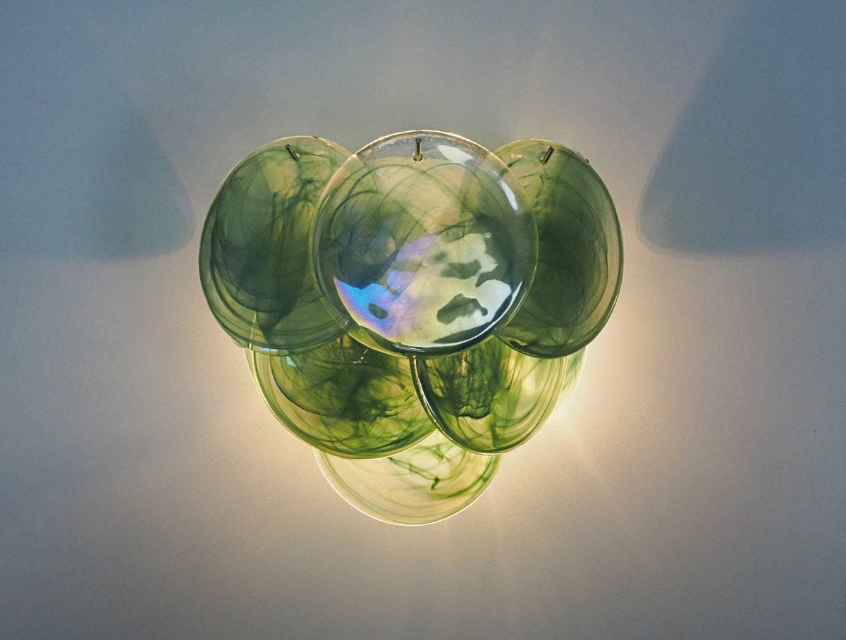 Murano-Style Wall Lamp | 10 Alabaster Green Disc Glass | Set of 2