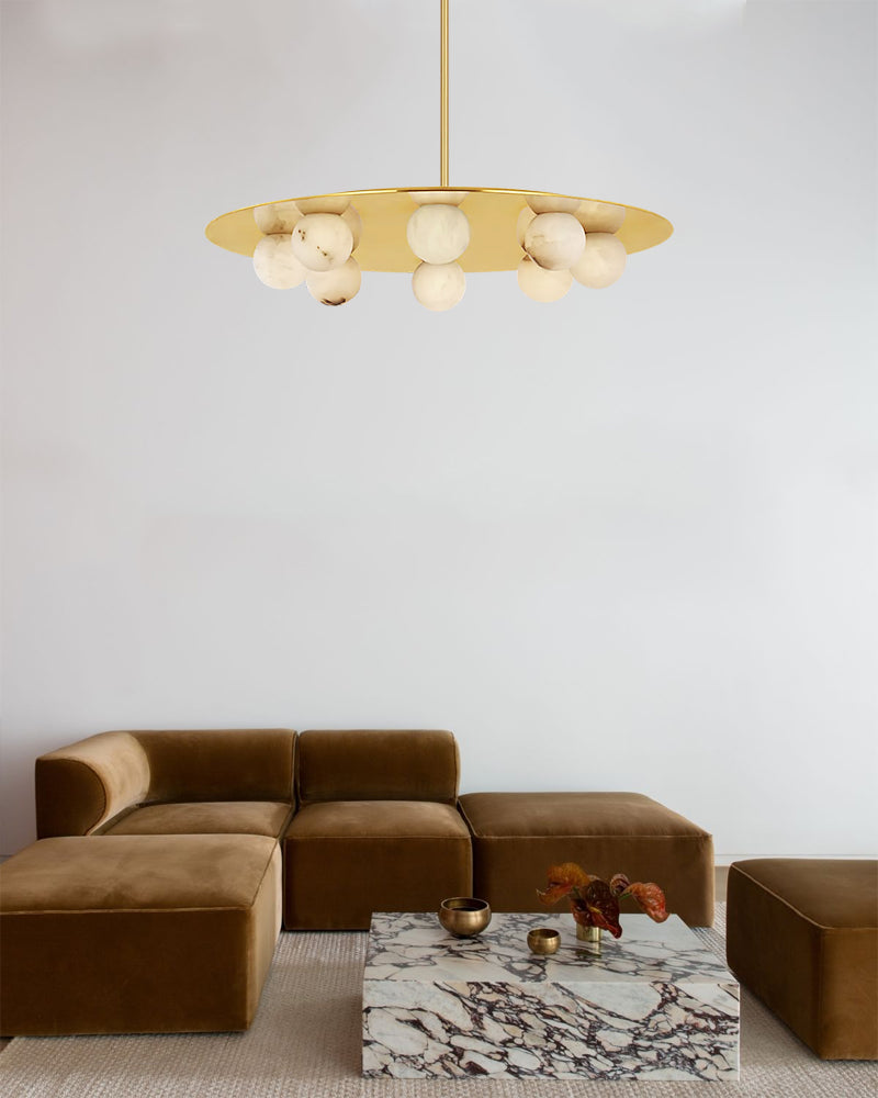 Alabaster Globes LED Disc Pendant Light in Lacquered Brass/Black Stainless Frame