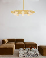 Alabaster Globes LED Disc Pendant Light in Lacquered Brass/Black Stainless Frame