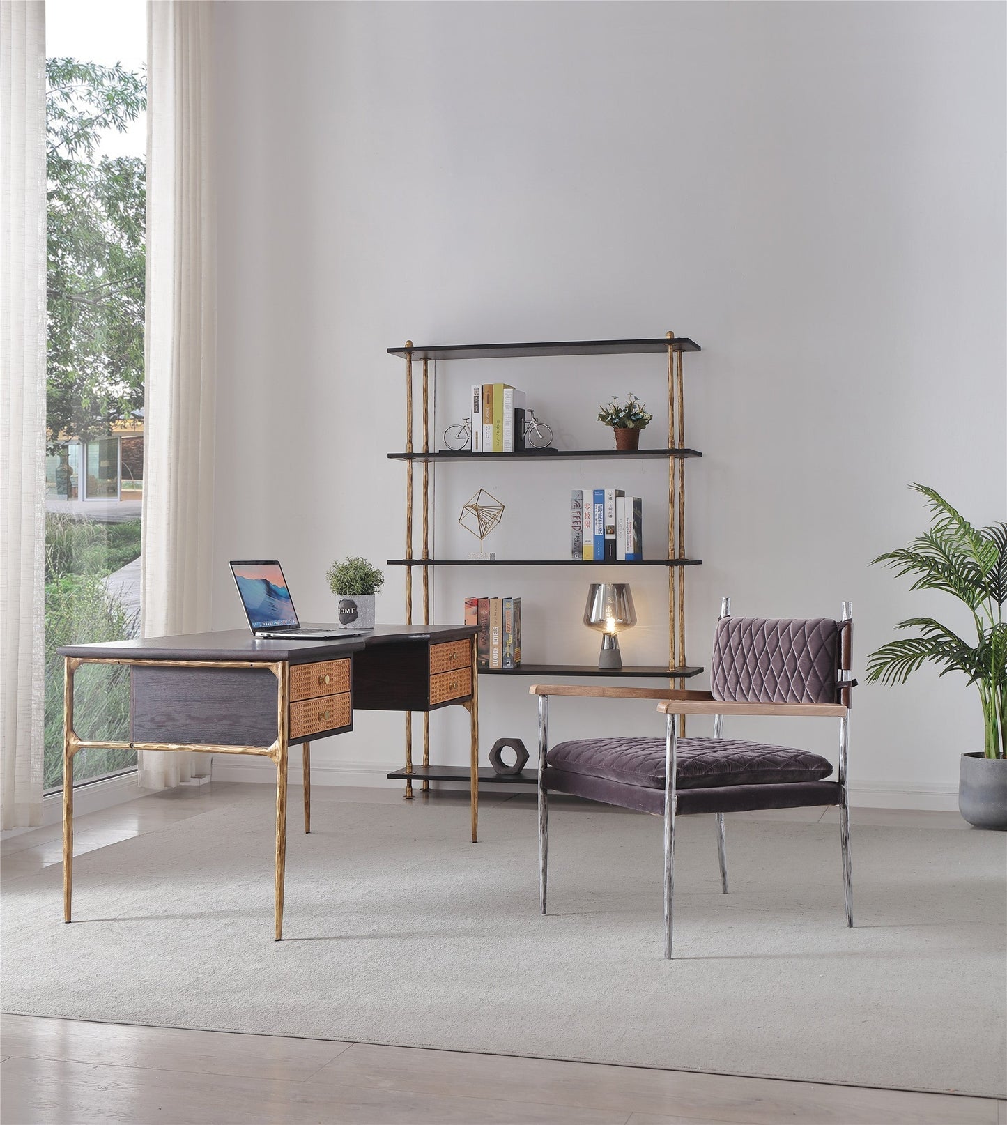 Hand Forged Metal Retro Brass Iron Frame Rattan Desk