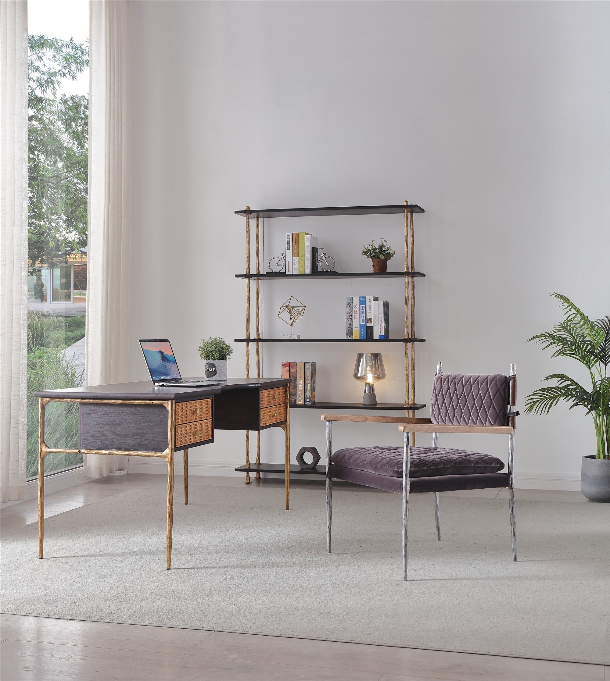 Hand Forged Metal Retro Brass Iron Frame Rattan Desk
