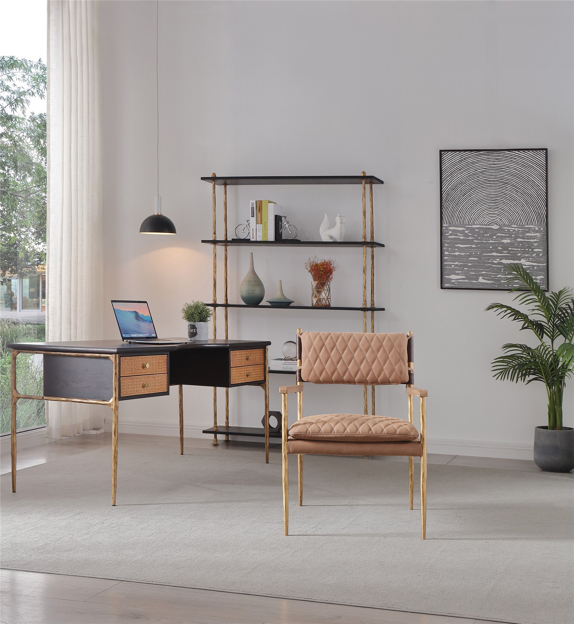 Hand Forged Metal Retro Brass Iron Frame Rattan Desk