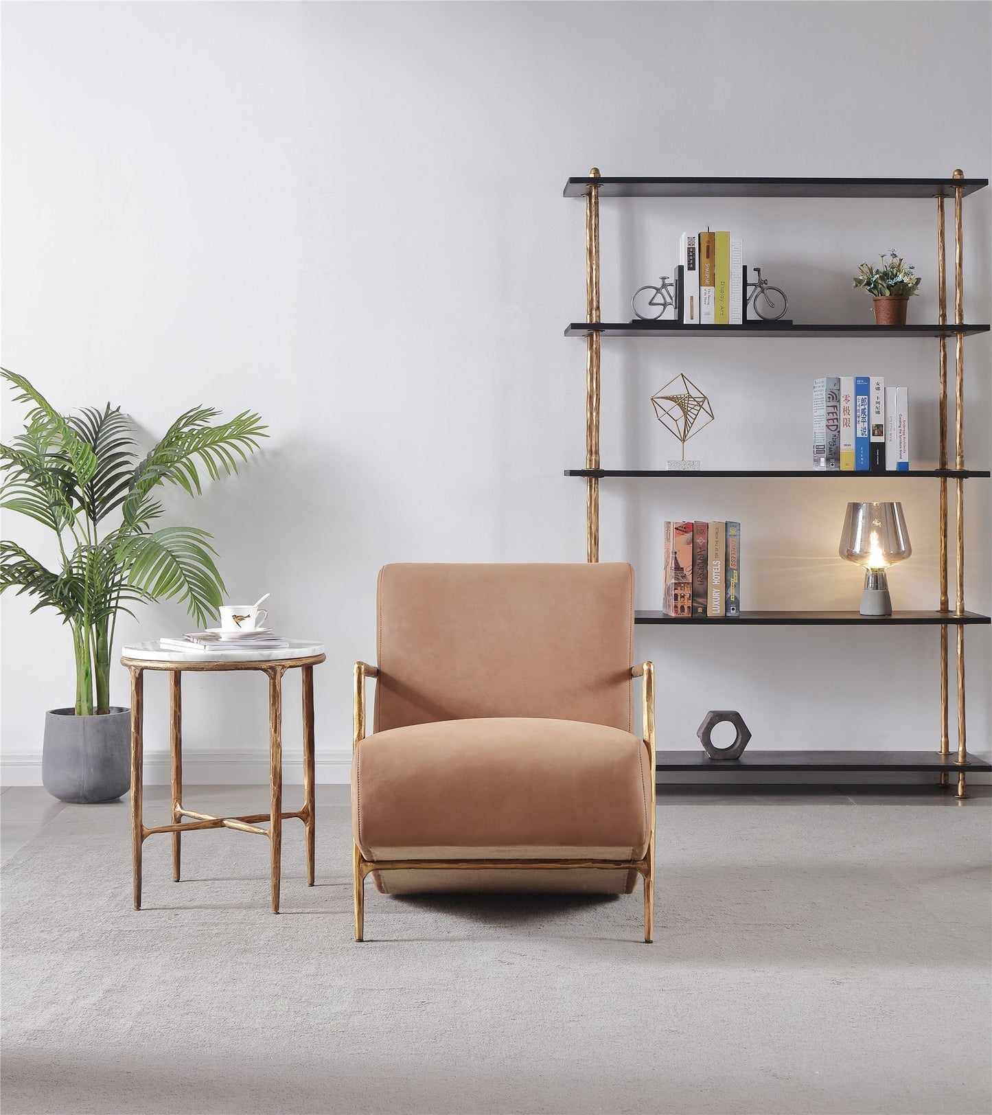 Hand-Forged Metal Genuine Brown Leather Accent Chair