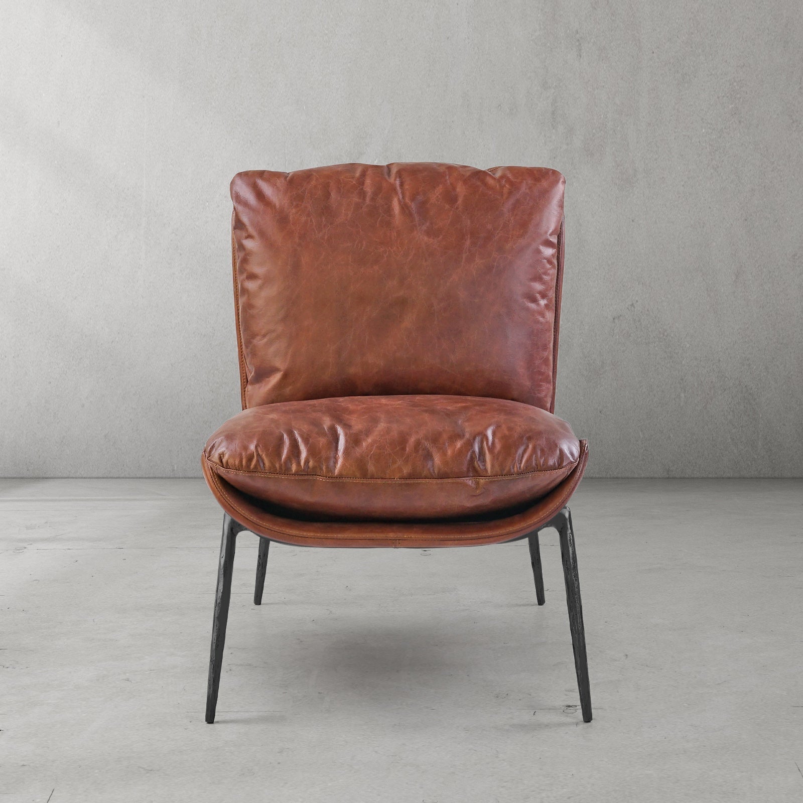 Hand Forged Metal Vintage Leather Armrest Lounge Chair