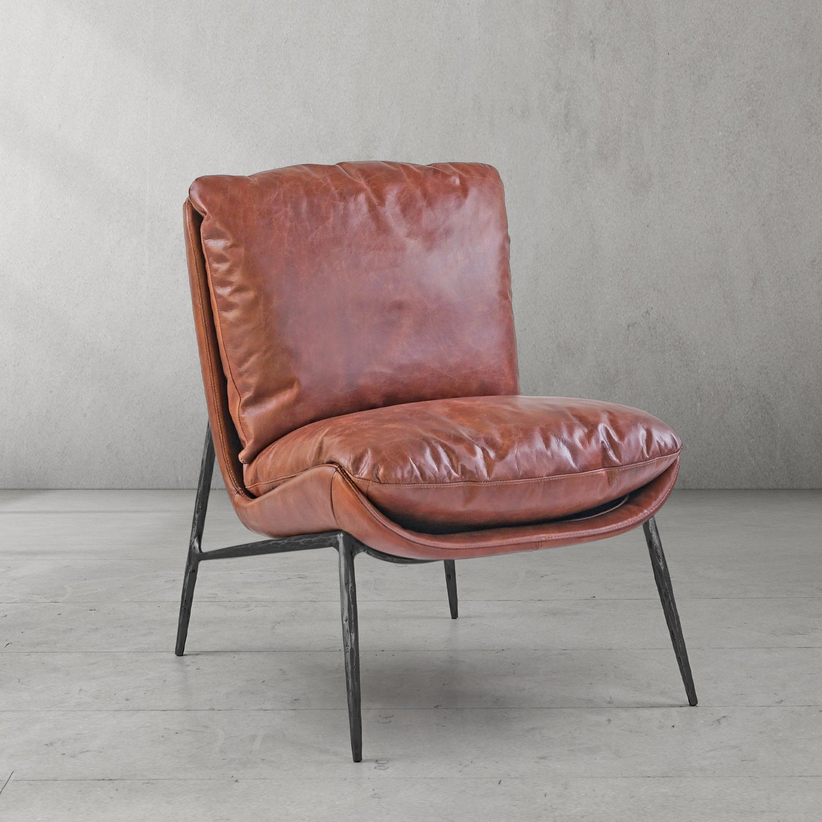 Hand Forged Metal Vintage Leather Armrest Lounge Chair
