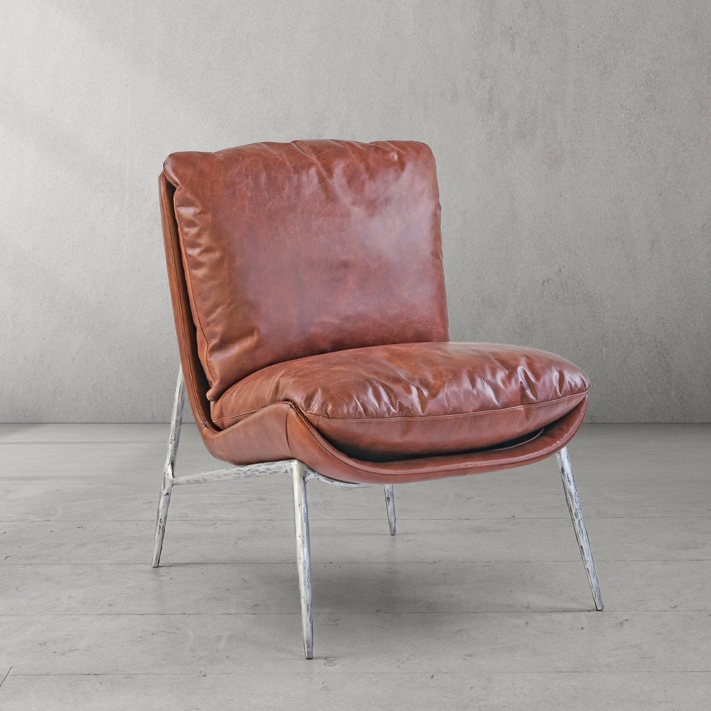 Hand Forged Metal Vintage Leather Armrest Lounge Chair