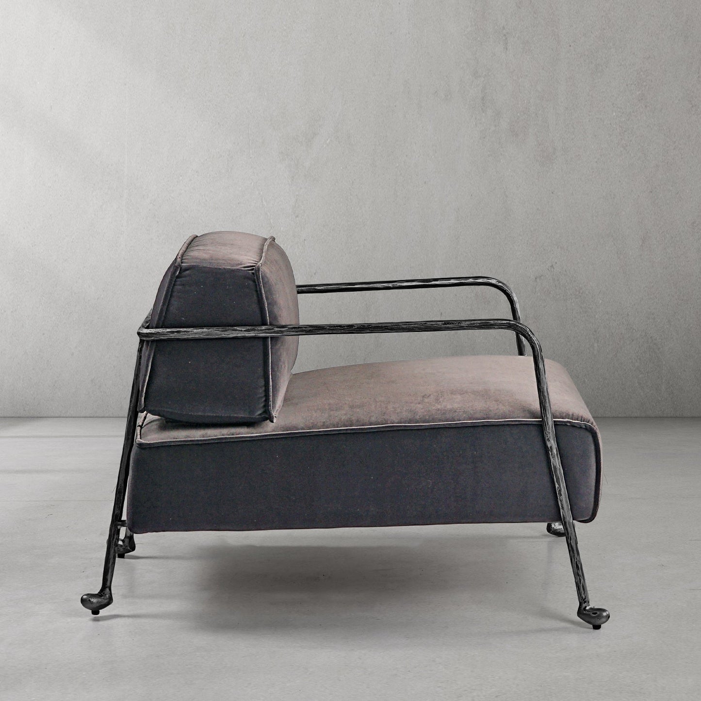 Hand-Forged Metal Gray Velvet Armchair
