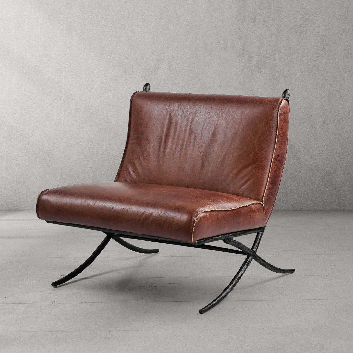 Hand Forged Metal Vintage Leather Lounge Chair