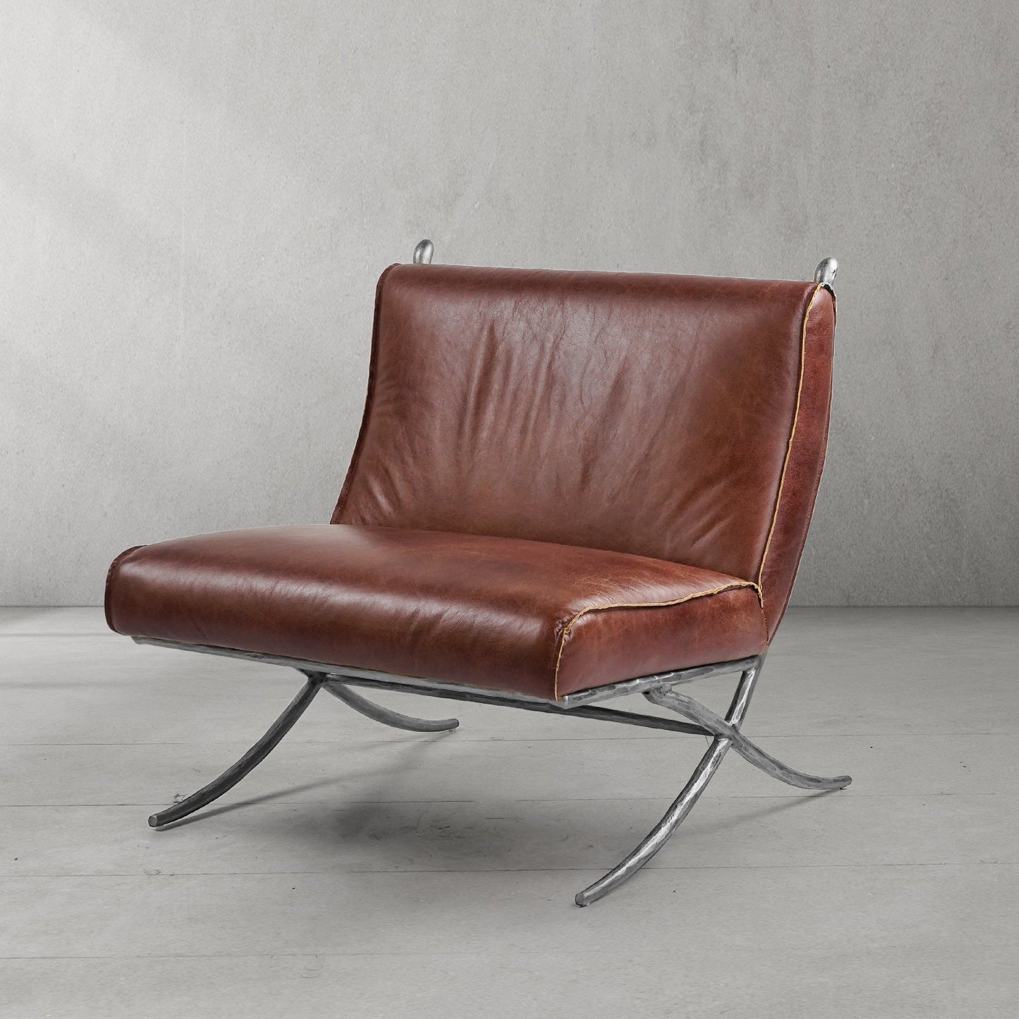 Hand Forged Metal Vintage Leather Lounge Chair