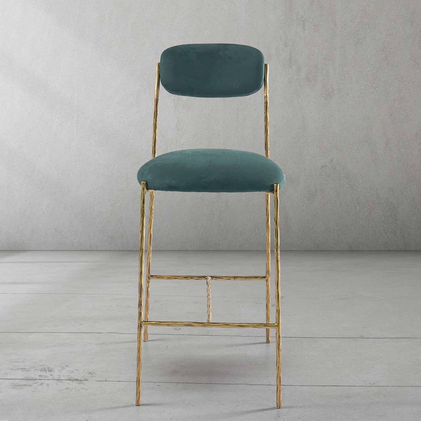 Hand Forged Metal Green Fabric Bar Stool