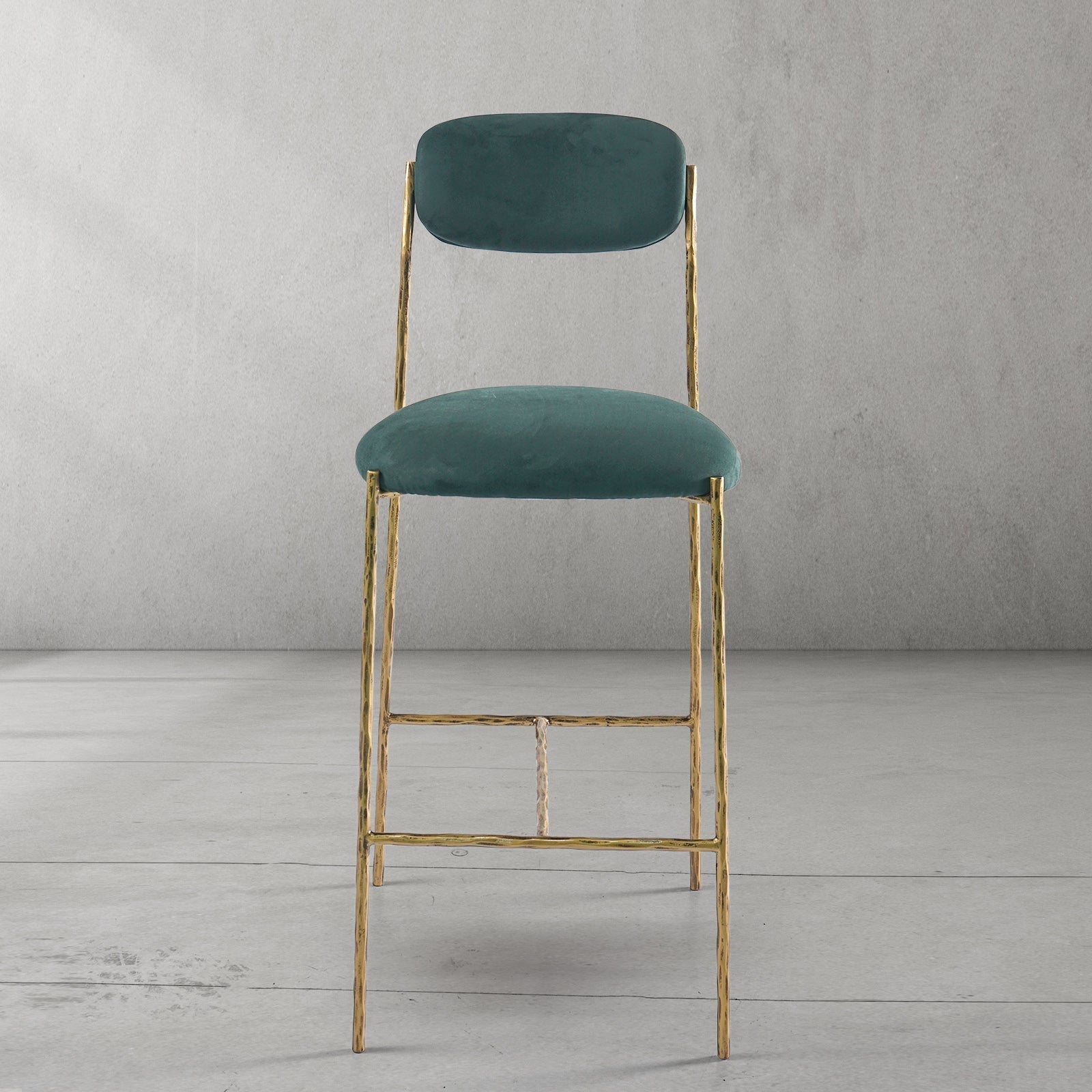 Hand Forged Metal Green Fabric Bar Stool
