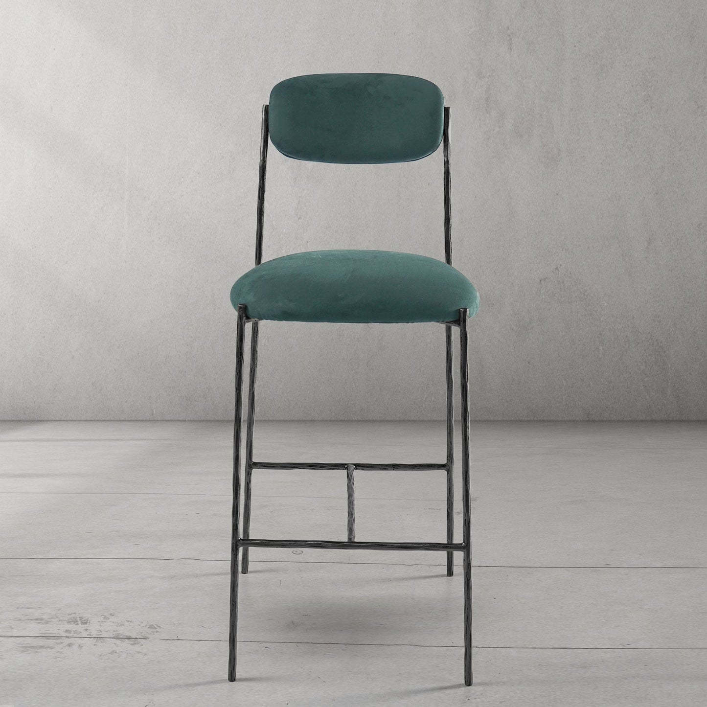 Hand Forged Metal Green Fabric Bar Stool
