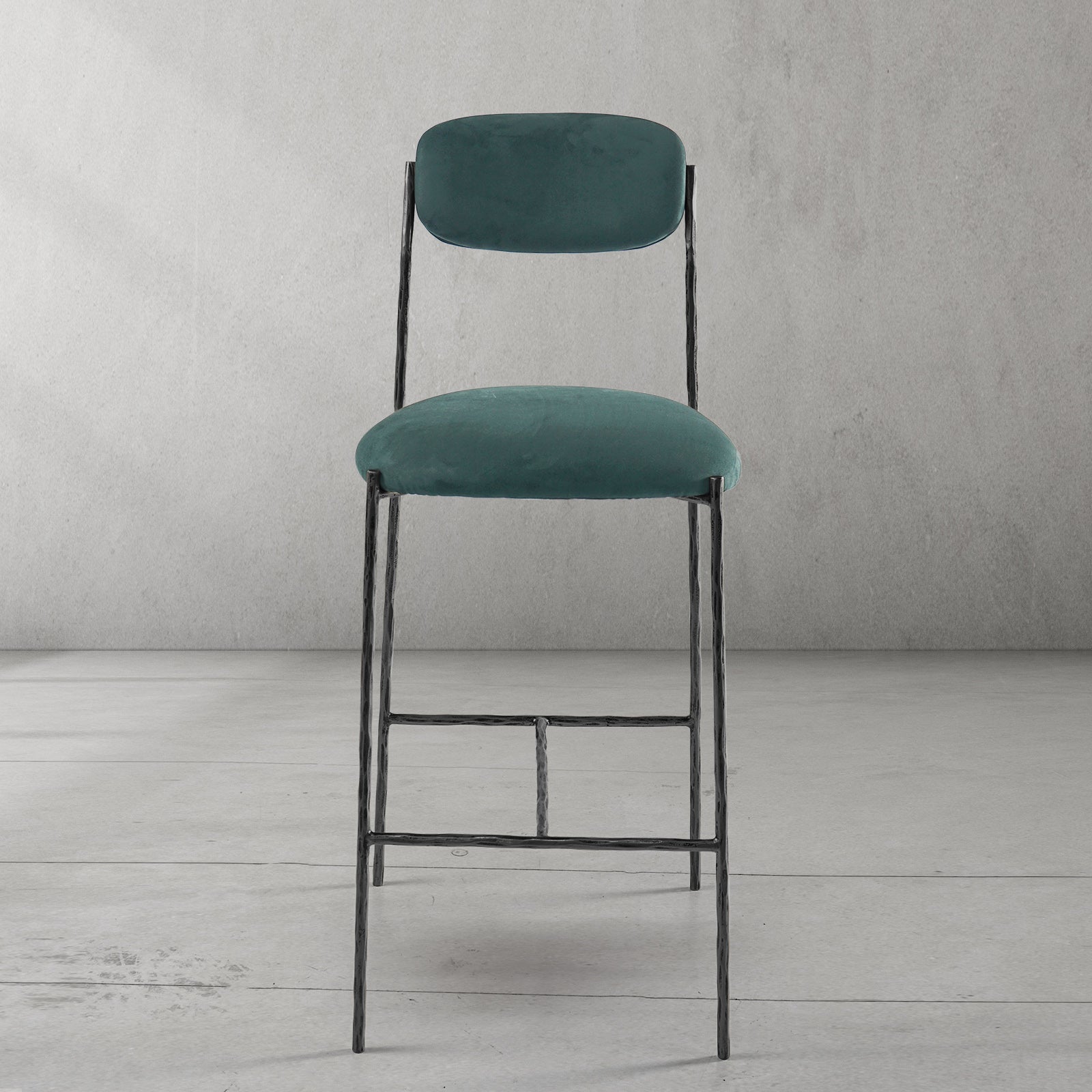 Hand Forged Metal Green Fabric Bar Stool
