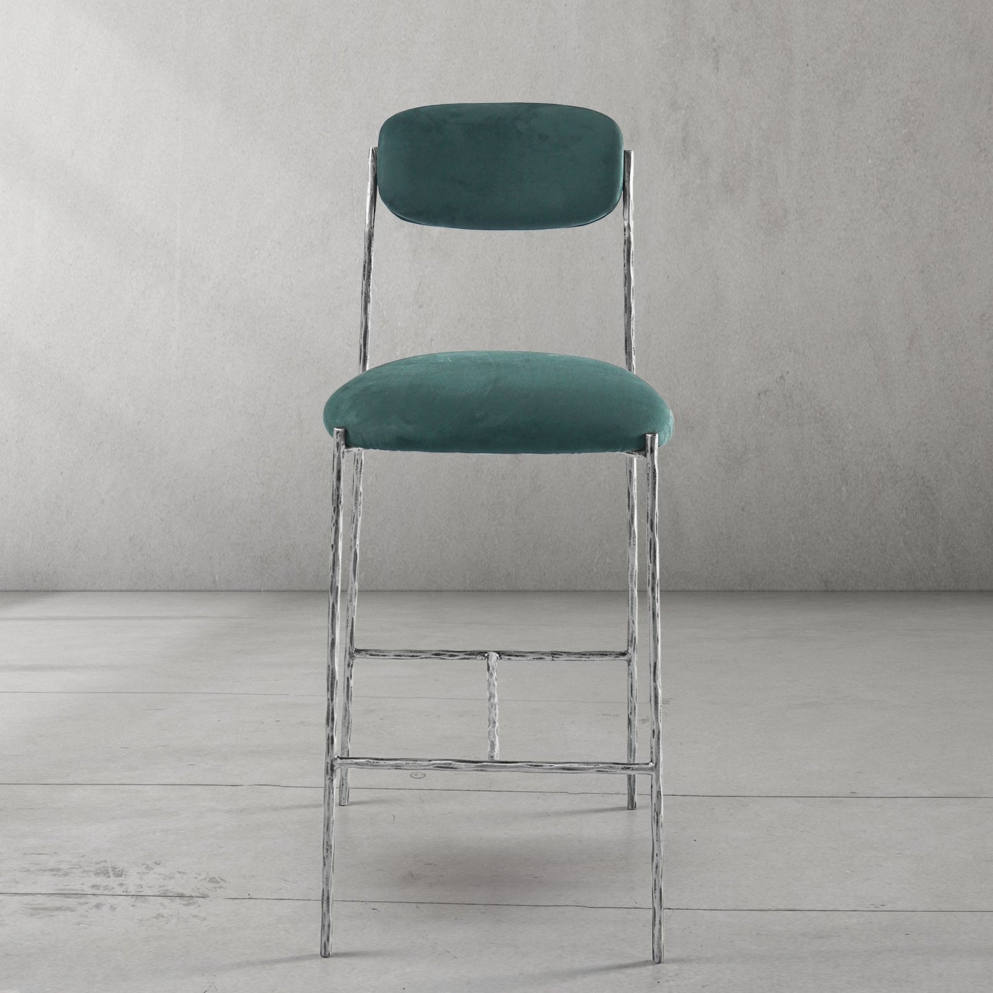 Hand Forged Metal Green Fabric Bar Stool