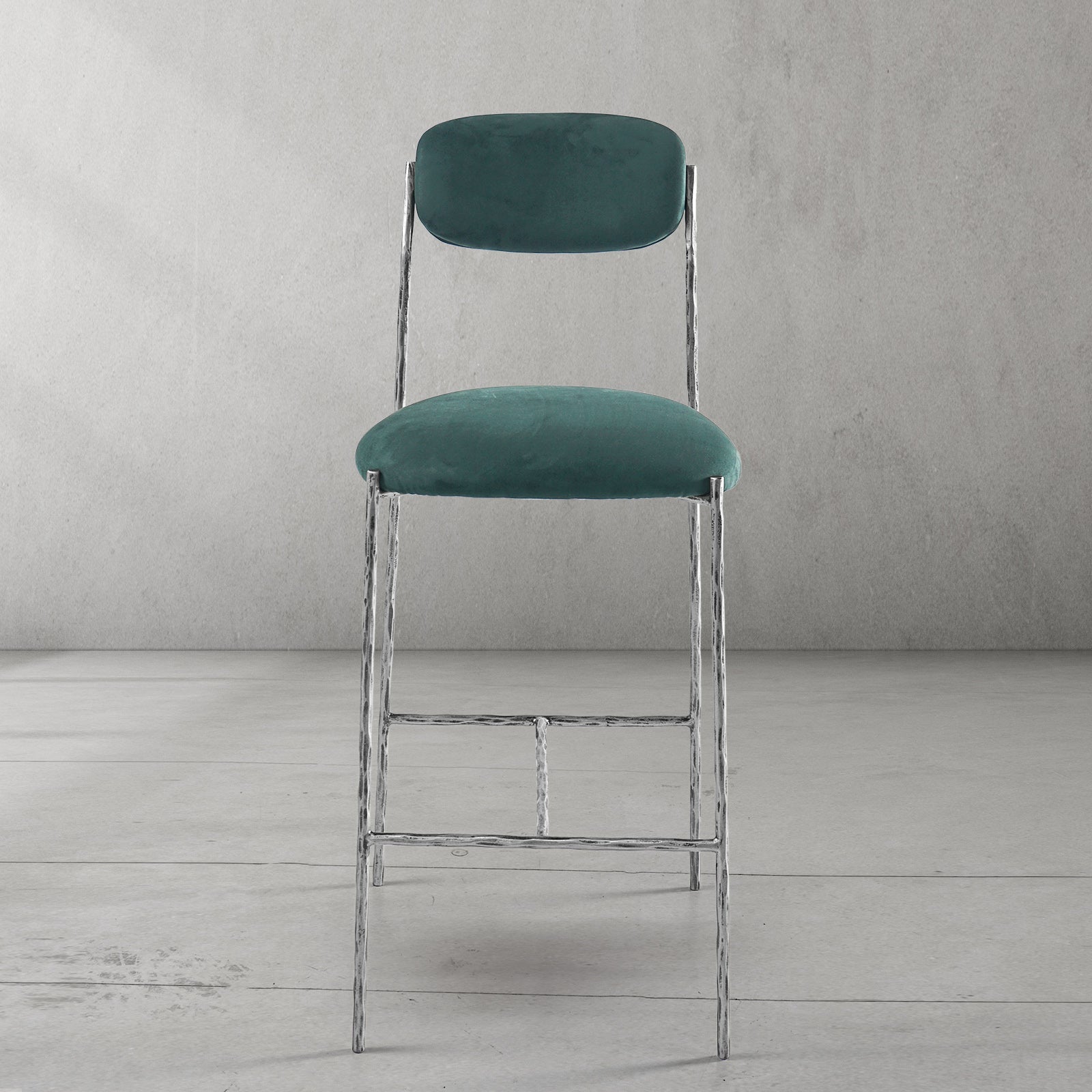 Hand Forged Metal Green Fabric Bar Stool