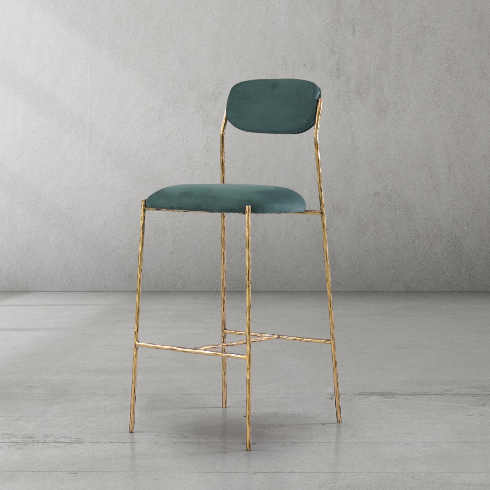 Hand Forged Metal Green Fabric Bar Stool