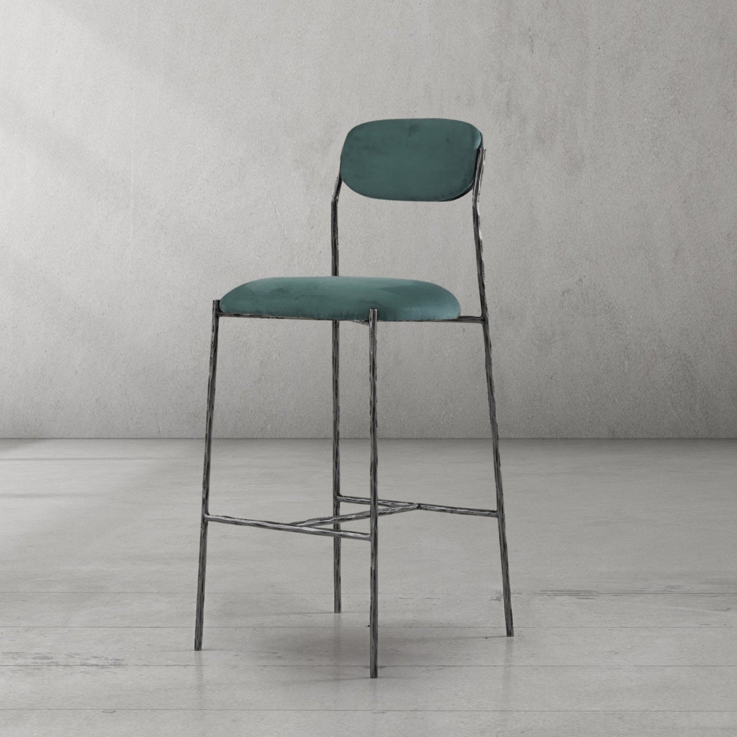 Hand Forged Metal Green Fabric Bar Stool