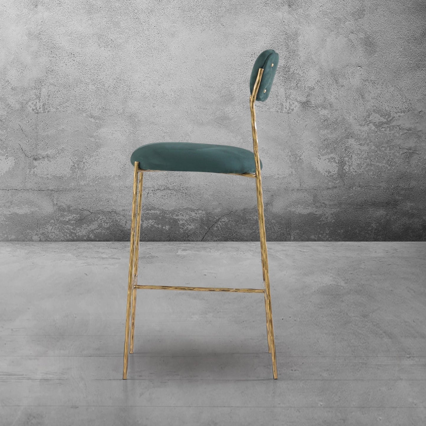 Hand Forged Metal Green Fabric Bar Stool