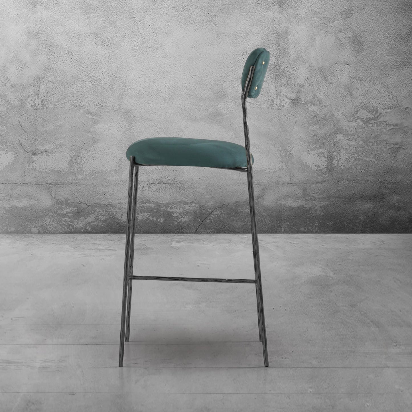Hand Forged Metal Green Fabric Bar Stool