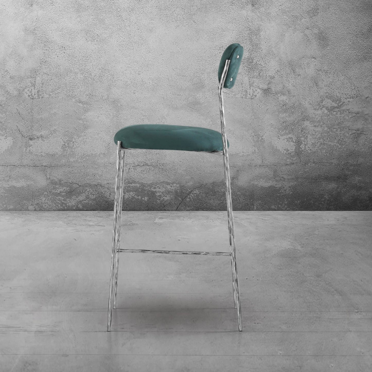 Hand Forged Metal Green Fabric Bar Stool